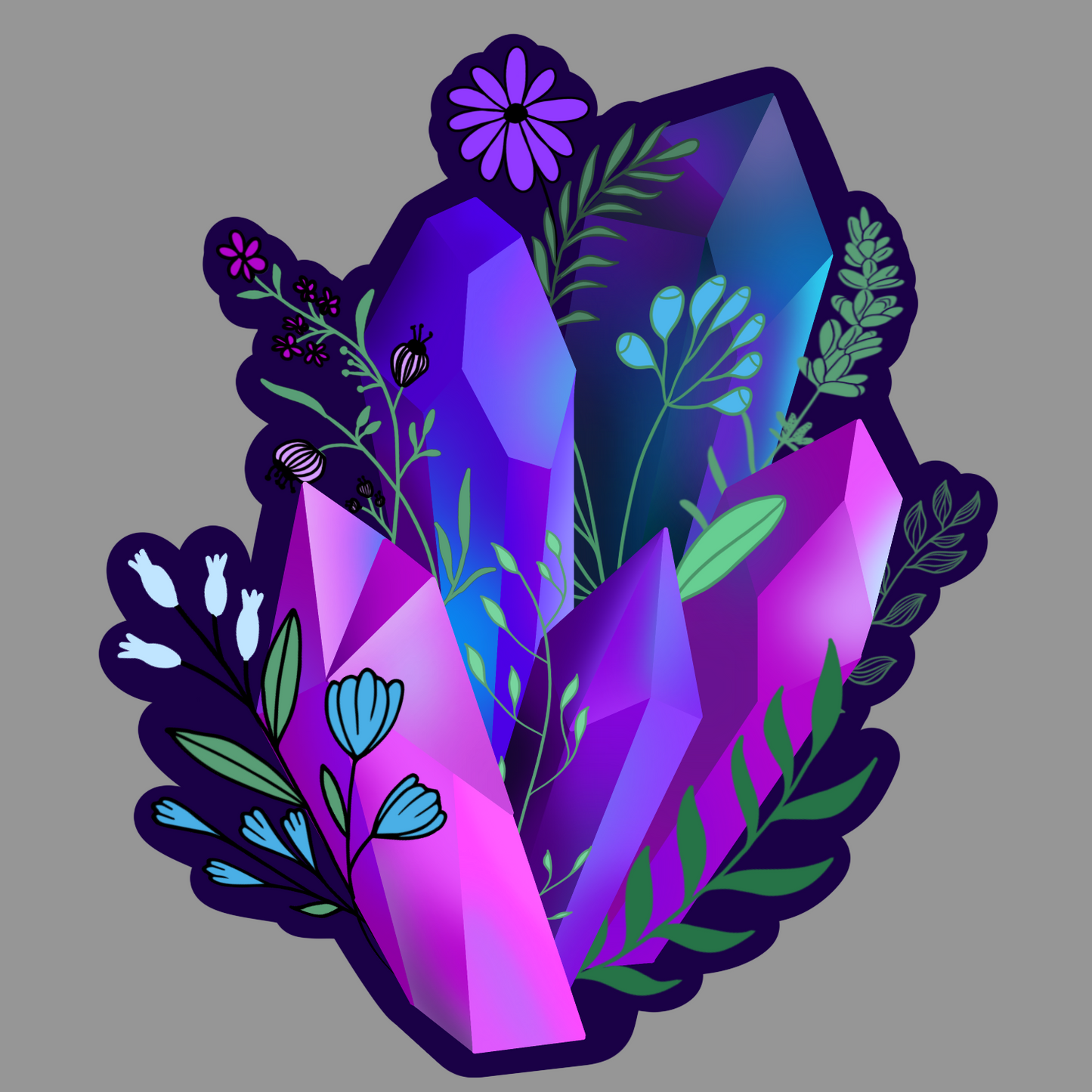 Blue and Purple Crystals with Flowers